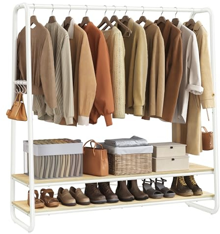 VASAGLE Klädskena, klädställ med 2 hyllor, 6 S-formade krokar, stålram, för sovrum, naturlig beige och matt vit RGR119W09