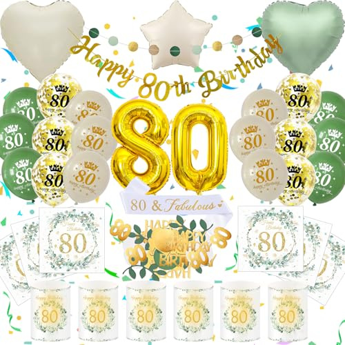 80 Geburtstag Deko Männer Frauen, Grün Gold Zahlenballon 80. Geburtstag Set | Geburtstagsdeko 80 Jahre, Grün Gold Party Deko, Happy 80th Birthday Banner, 32 Zoll Zahlenballons, Schärpe und Ballons