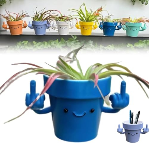 Wbietu Pot de fleurs amusant et unique pour doigt d'honneur - Joli visage - Cadeau amusant - Accessoire de bureau - Petits pots de plantes - Décoration unique pour la maison et le bureau (bleu)
