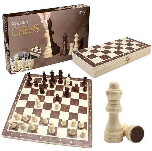 Roo Games WOODEN CHESS SET - Eco-Friendly Pine Wood Chess Board with Foldable Design & Travel Chess Set Features - Includes Full 32-Piece Set & Storage, Suitable for Kids & Adults