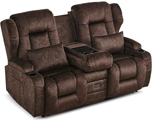 SITURAY 2er Relaxsessel mit Liegefunktion, Zweisitzer Fernsehsessel 2 Sitzer TV Sessel mit Konsole, Manuell Verstellbar Doppel Kinosessel bis 360 kg (Braun)