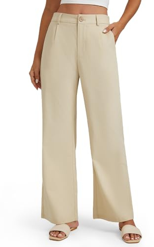 Enmain Linnebyxor för kvinnor med breda ben, höga midjor, vardagsbyxor för kontor, av bomull, med fickor, eleganta affärsbyxor för damer, BEIgE, M
