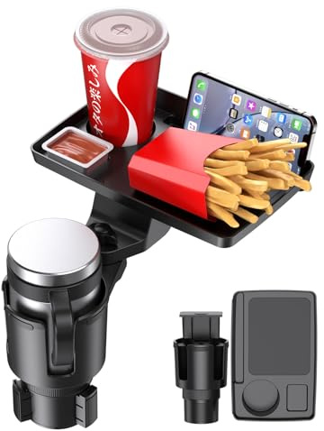 Getränkehalter Auto Tisch Tablett, 5 in 1 Verstellbarer Auto-Getränkehalter-Expander mit 25cm abnehmbarem Tisch und Telefonhalterung, 360° Verstellbares Auto Tisch für Wasserflaschen Getränk Snack