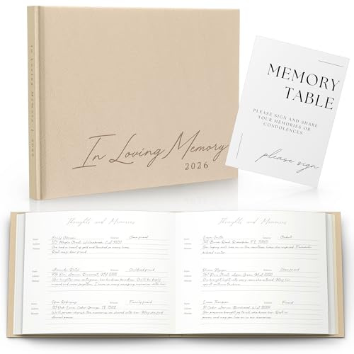 Funeral Guest Book for 2026 Celebration Of Life Memorial Service - Leather Memory Book for Funeral Guests to Sign In with Condolence Memory Table Sign & Back Pocket - Beige Guestbook
