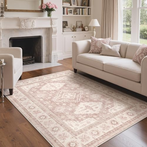 GENIMO Washable Rug Non Slip Soft Pink 160x230cm Living Room Bedroom | Low Pile, Bedroom Rug, Durable Esay Clean, Pet Friendly Cosy Vintage Area Carpet for lounge, Front Room and Dining Room