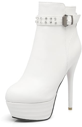 Gicoiz Plateau Tacco Alto Donna Punta Rotonda Stivaletti Ufficio Comodo Tacco a Spillo Formal Polacchine Zip Inverno Warm Professional Bianco Numero 37 EU-38Cn