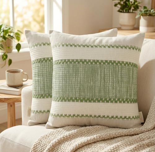 Hopomoon Fundas de cojín Boho Green 45 x 45 cm, Juego de 2 Funda de cojín Decorativa con Textura Tejida para salón de Estilo escandinavo y rústico
