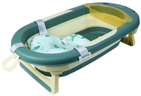 Homewell - Bañera infantil plegable con cojín soporte, termómetro de agua y enjuague cabeza bebe, bañera infantil con estante, 72 x 40 x 23 cm (verde)