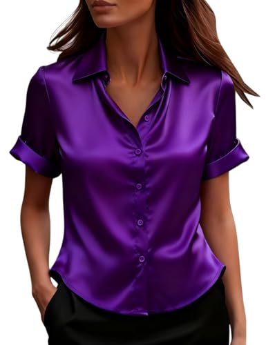 Blusas de Mujer Elegantes Fiesta Raso Blusa Elegante de Satén Talla Grande Top Manga Corta Versátiles Básico Camiseta Color Sólido Oficina Tops Cuello Abierto Moda Camisa Suelto Seda Casual Boda