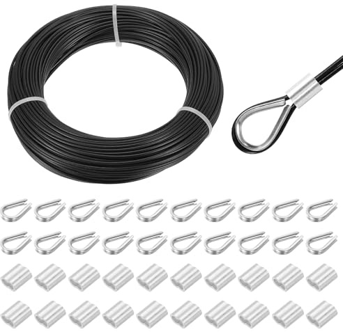 QUARKZMAN 50 meter x 2 mm vajer rostfritt stål, stålvajer spänntråd med 20 x pressöglor, hylsor och 20 x kauser, rostfritt stål 304 gardinrep, tvättlina för klätterväxter, svart