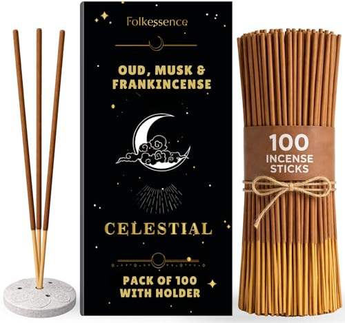 Folkulture räucherstäbchen Herbst mit Halter (100 Incense Sticks) | Oud & Weihrauch Räucherstäbchen für Meditation & Entspannung |45 Min. Brenndauer mit Moschus-Duft - Alternative zur Herbstkerze