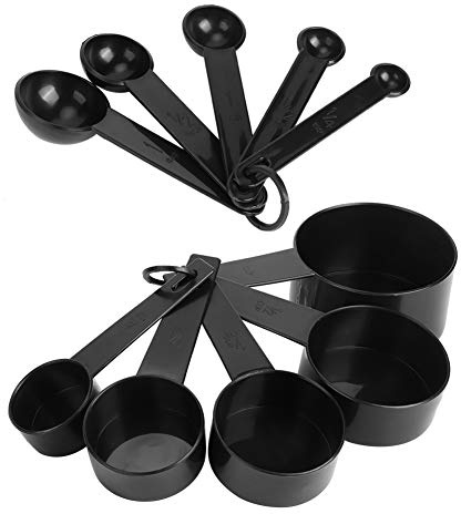 SIXRUN Kit de Taza y Cuchara Medidora de Plástico con Báscula para Hornear con Precisión en Negro para Cocina Casera y Panaderías, Juego de 10 Uds.