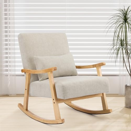 XH.Easy Go Schaukelstuhl, Schaukelsessel mit Lendenkissen, Stillsessel für Babyzimmer und Erwachsene, Stillstuhl mit Massivholzgestell, Rocking Chair für Wohnzimmer und Schlafzimmer,Hellgrau