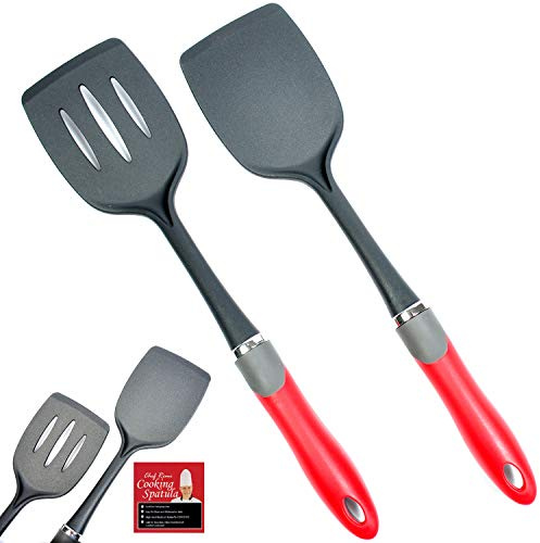 2-pc Kitchen Spatula Set -2 Yr Warranty- Non-Scratch and Non-Stick Nylon Solid & Slotted Spatulas For Enamel, Teflon, Glass And Pyrex Pots And Frying Pans