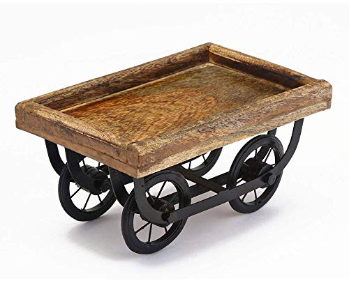 Sharvgun Wooden Thela Snacks Serving Tray Wood Cart Wooden Platter Trolley for Serving Snacks and Tea with Four Wheels, Brown