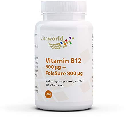 vitaworld Vitamin B12 500 µg + Folsäure 800 µg, Vegan, 180 Tabletten