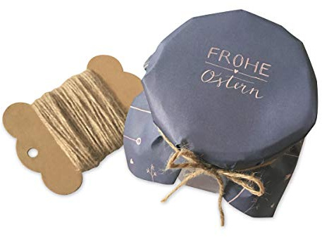 25 Marmeladendeckchen - Frohe Ostern - Gläserdeckchen blau für Marmelade, Marmeladengläser & Einmachgläser, Recyclingpapier Abreißblock + 10 m Jute Garn + Justiergummi