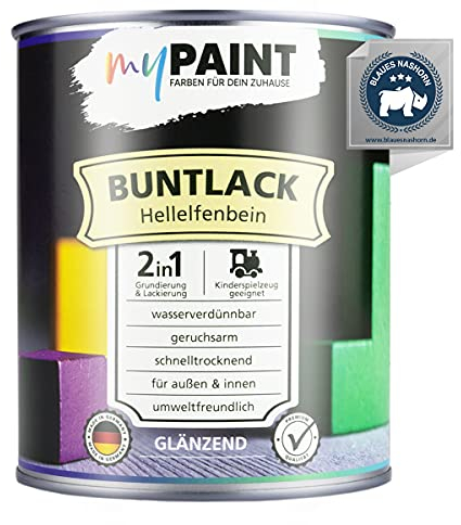 myPaint 2in1 Buntlack Glänzend (750ml Hellelfenbein/Beige RAL 1015) – Wetterfeste Holzfarbe Holzlack & Küchenmöbellack. Getrocknet sicher für Kinderspielzeug. Für Innen & Außen