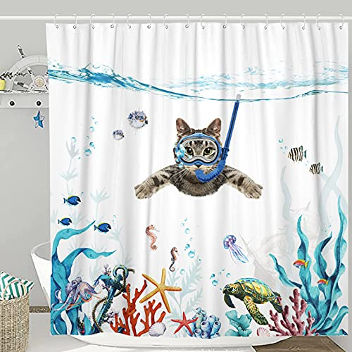 Fowocu Rolig katt duschdraperi set teal blå hav vattentät tyg duschdraperier med djur bläckfisk sjöstjärna sköldpadda ankare fisk nautisk badrumsdekor (blå, 183 cm x 183 cm)