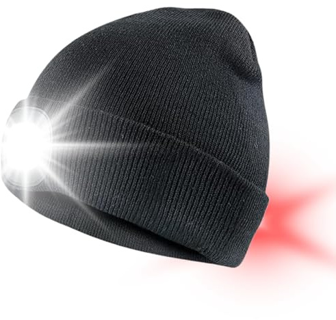 iN Ultra Bright Thinsulate Head Torch Rechargeable Beanie Hat with Front (White) and Rear (Red) LEDs Red Flashing Tail Light Waterproof - Warm - Running Lights for Runners - Gifts for Men and Women