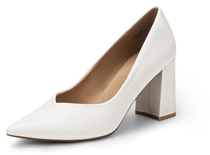 DREAM PARIRS Höga tjocka stängda tåblockklackar spetsig tå bröllopsfest eleganta slip-on pumpskor, Vit/PU, 9.5