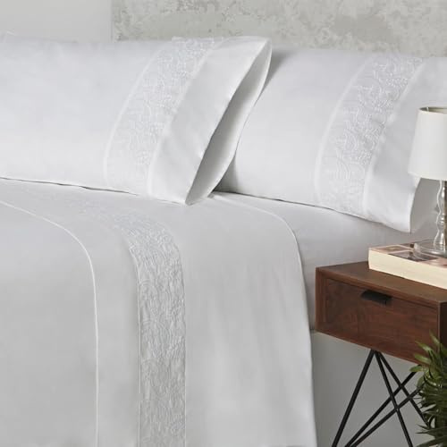 Burrito Blanco Juego de Sábanas Bordadas Algodón 200 Hilos Cama 105 Blanco | 100% Algodón | Calidad Percal | Algodón Peinado | Tacto Suave | Larga Duración | Fácil Planchado | Apto Secadora