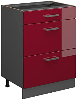 Vicco Küchenunterschrank R-Line, Rot Hochglanz, 60 cm | 3 Schubladen · Ohne Arbeitsplatte · Höhenverstellbare Füße · ✓ Leichter Zugriff · ✓ Frei kombinierbar