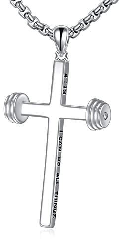 YFN Hantel Kreuz Halskette Sterling Silber Gym Anhänger Ich kann alle Dinge tun Schmuck Geschenke für Damen Herren
