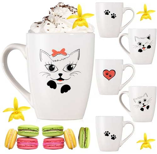 PLATINUX Kaffeetassen mit Griff Set 6 Teilig mit Katzen Motiv 250ml Teetasse Tasse Kaffeebecher Teebecher aus Keramik