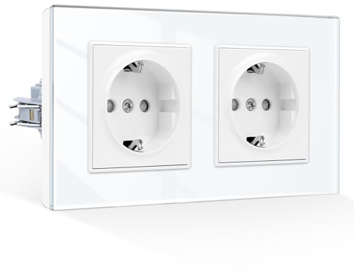 CNBINGO Doppelsteckdose Unterputz,2 Fach Steckdose Weiß Doppelsteckdose Glas Wandsteckdose Schuko Steckdose