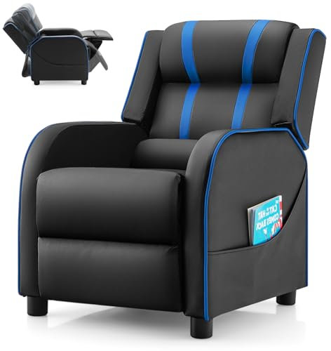 GYMAX Kids Sofa Chair, PU Leather Children Recliner Armchair with Adjustable Backrest&Footrest, Headrest, Lumbar Support and Side Pockets, Upholstered Toddler Lounge Chair for Boys Girls (Black+Blue)