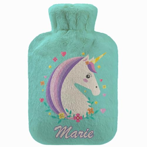 Personalisierte Wärmflasche mit Minky Pullover Bezug 2 Liter Bettflasche mit schönen Fleece-Druck Bezug Gummi Wärmflasche mit Deckel Unicorn with a Purple Mane [092]