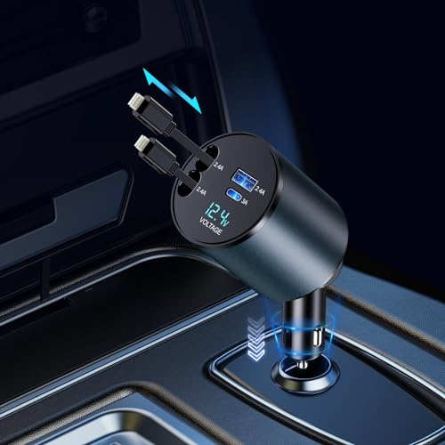 Einziehbares Auto Ladegerät, 4 in 1 60W Auto Ladegerät Zigarettenanzünder USB C mit Einziehbaren Kabel und Ladeanschlüssen, für iPhone 16/15/14/13/12/11 Pro/iPad (2 Lighting Cords)