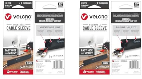 VELCRO Brand Mountable Cable Sleeves Roll | Desk Organiser for Cable Management | 91cm x 14.6cm | Black (Pack of 2)