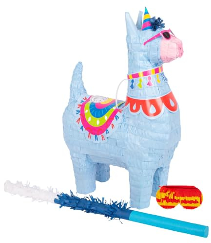 Fax Potato 3pc Lama Pinata-Set mit Blauer Stock & Augenbinde - Mexikanisch Kinder Mädchen Jungen Geburtstagsfeier Partys Spiele Dekorationsset