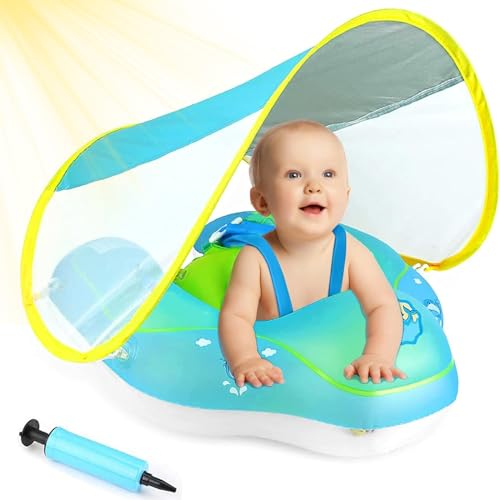 ANSTEN Schwimmring Baby mit Sonnendach Aufblasbare Baby Float Shwimmreifen Baby mit aufblasbarer Schwimmboje,Schwimmtrainer,Schwimmhilfe Spielzeug,Baby Schwimmring ab 3 Monate~12 Monate-Blau