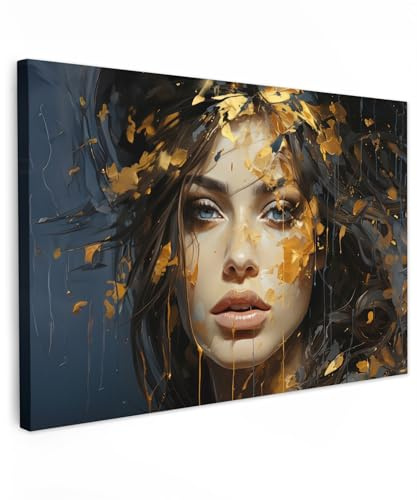 MuchoWow© Leinwand Groß XXL Deko Schlafzimmer Aesthetic Leinwandbilder | 120x80 cm - Wohnzimmer Gemälde Foto Geschenk Living Room Decoration Frau - Gold - Kunst - Luxus - Porträt