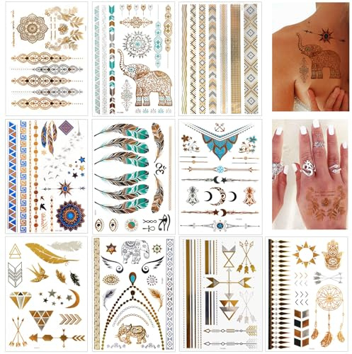 130+ Festival Tattoos Gold, Glitzer Tattoos Erwachsene Damen für Karneval | Festival & Boho Temporär Tattoos zum Aufkleben, Metallic Gesicht & Body Tattoos, Wasserfeste Festival Zubehör für Party