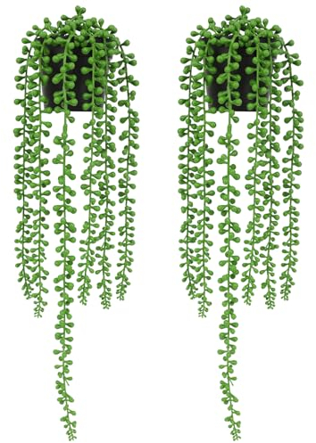 Veryhome 2 Pack Artificial Hanging String Plants Hanging Planter Fake String of Pearls Fake Plants in Pot Fake Succulents Home Office Wall Decoration