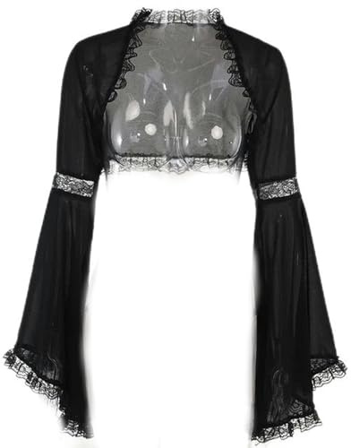 Mujer Gótico Encaje Blusa Manga Campana Tops Gasa Manga Larga Abrigo Disfraz-Negro-L