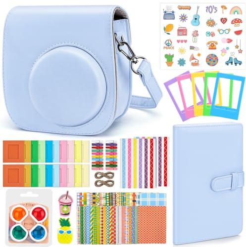 Eurhomewit Instantané Caméra Accessoires pour Instax Mini 12, Kit Comprend Housse Appareil Photo/Album/Cadres/Filtre/Autocollant Dessin animé/Autocollant de Bord and Coin - Bleu Pastel