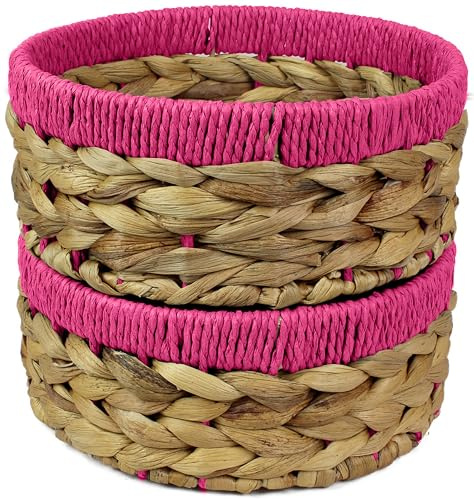 Small Water Hyacinth round baskets for storage Natural colour with Pink edges for shelves open hamper. Decorative gift bathroom storage mini tray make up bathroom Kitchen organiser (2, Large 22cm)