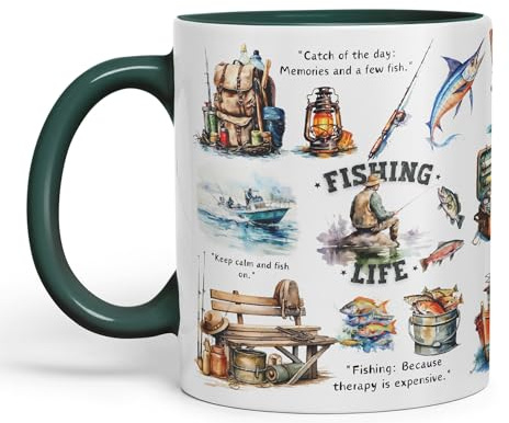 Vixar Fishing Life Fish Hobby Ceramic Coloured Mug Cup for Tea Coffee Hot Brew 330ml 11Oz Gift (D Green)