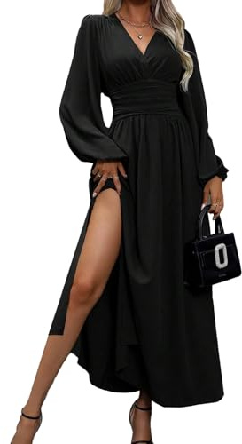 LUVCES Robe Femme Elegante Col en V Taille Haute Robe Longue Plissée Manches Lanternes Fente Latérale Froncée Robes Longue de Cocktail Soirée Party Noir L
