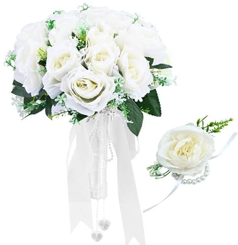 Wedding Bride Bouquet and Wrist Flower Artificial Roses Flowers Holding Flowers Bouquet Silk Roses Real Touch Fake Roses Flowers Bouquet Romantic Bouquet for Home Wedding Party Decoration (White A)