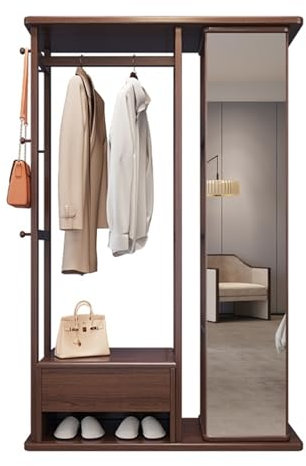 UQACHG Ganzkörperspiegel, Kleiderbügel aus Massivholz, bodenstehend, Garderobe für Schlafzimmer und Zuhause, Ganzkörperspiegel, integrierter Raum, einfaches, multifunktionales L