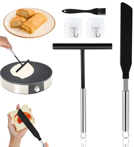 Spatola Crepes, 2 Pezzi Distributore di Crepes in Acciaio Inox con 1 Spazzola in Silicone + 2 Ganci, Spargitore per Crepe, Distributore e Spatola per Crepes, Pancake
