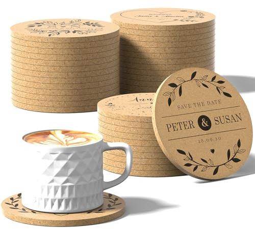 Shueewago Personalisierte Korkuntersetzer für Getränke, rund, 10,2 cm, Hochzeitsgeschenke für Gäste, Großpackung mit lasergraviertem Textbild oder Logo, rutschfest, hitzebeständig, 30–100 Stück