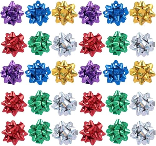 50 Stück bunte 2,5 cm Geschenkschleifen, Mini-Weihnachtsschleifen, metallische Sternschleifen, Partygeschenke, Geschenkschleifen, selbstklebende Urlaubsgeschenke, Schleifen für Valentinstag