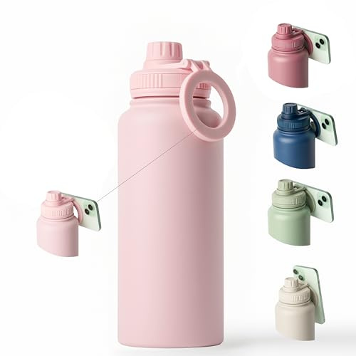 Botella de agua con aro magnetico para el movil y antiderrame. Botella de acero inoxidable 1L BPA free que mantiene el frio o el calor. Botella termica para el gym u oficina. (Baby Pink)